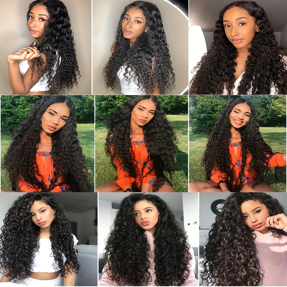 4 Bundles Water Wave Human Hair with 4x4 Lace Closure - 100% Virgin Remy Hair, Unprocessed Curly Wet and Wavy Weave for Natural Look, Includes Frontal Closure, Perfect for All Ethnicities